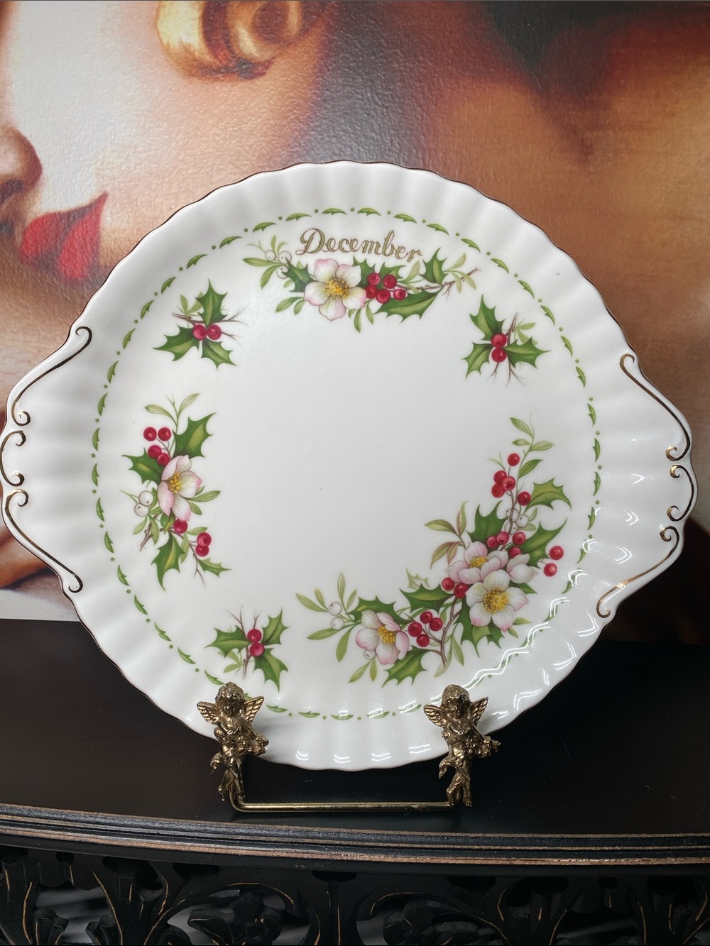 Royal Albert Fine China Cake Plate Christmas Rose Flower of the Month